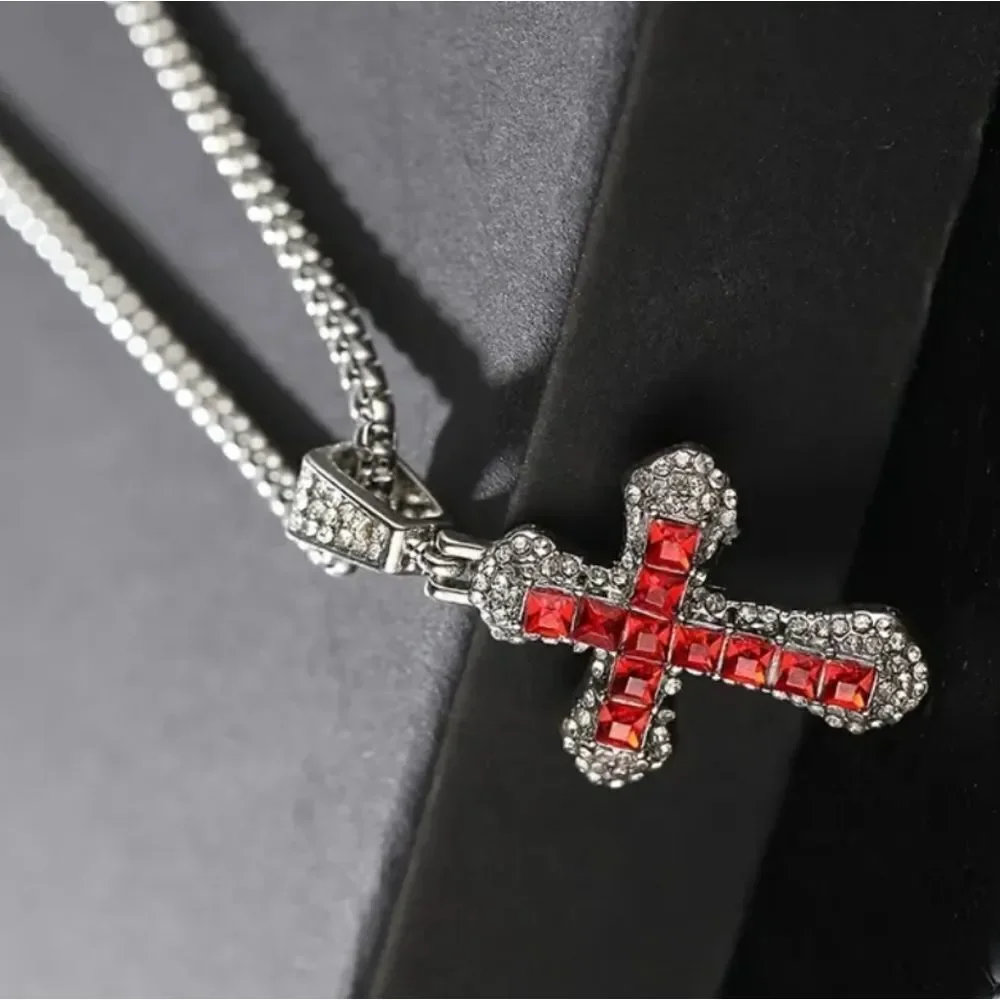 Elegant Red and Silver Cross Pendant Necklace For Adults